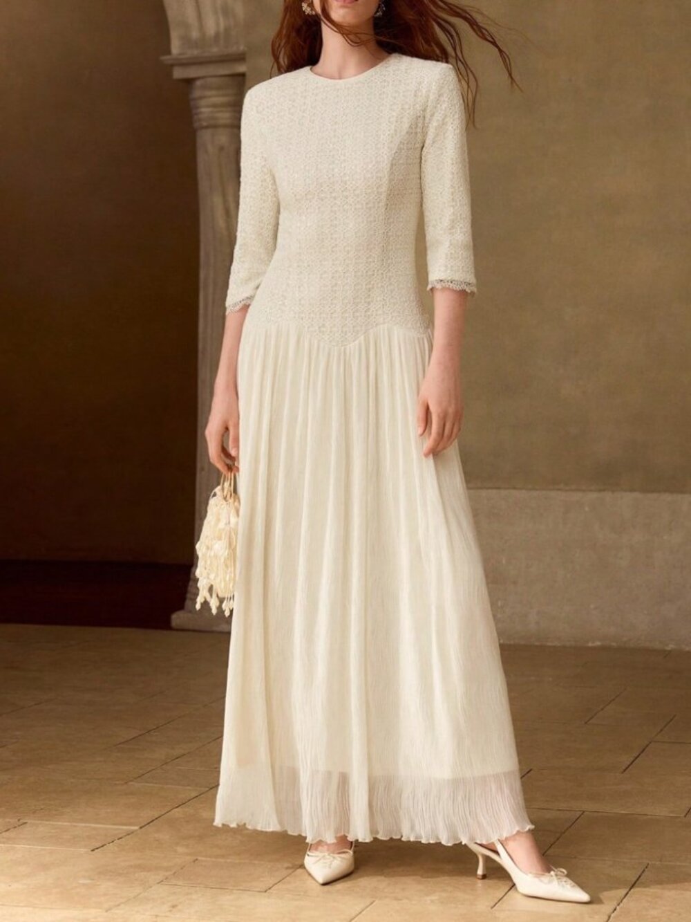 Cream Lace Bodice Pleated Maxi Dress with Quarter Sleeves